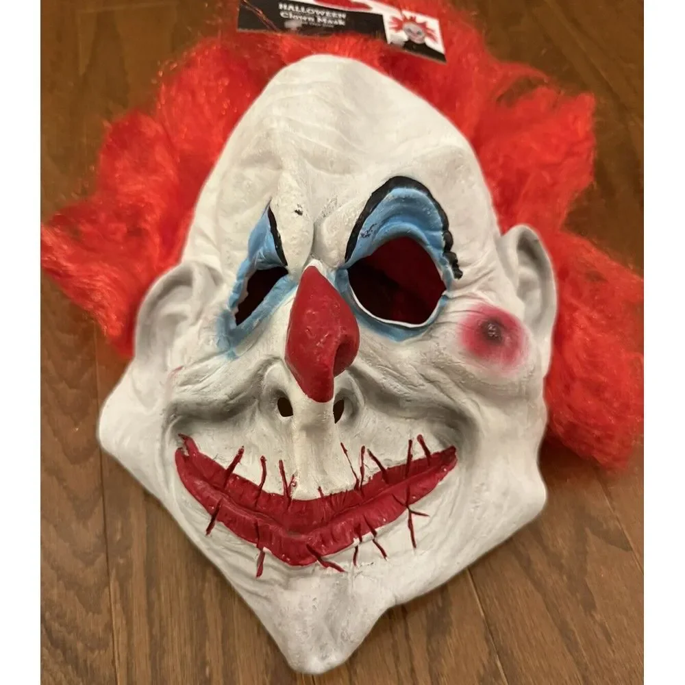 Halloween Clown‎ Mask Latex Creepy Scary + Attached Red Wig Adult One Size NEW!